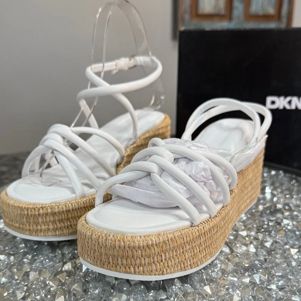DKNY White Strappy Wedge Sandals with Woven espadrille Platform NEW 6.5